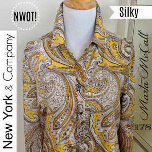 NWOT NY & CO Yellow White Paisley Silky Blouse L